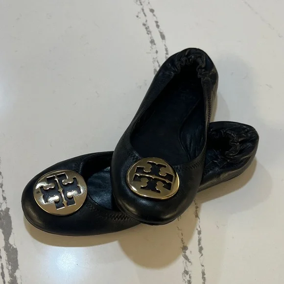 Tory Burch Reva leather Ballet Black Flats with Gold Logo size 8M - Picture 14 of 16